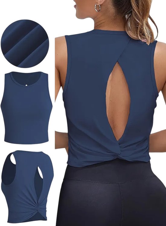 Débardeur de Sport sans manches - Dos ajouré avec nœud torsadé - Élégant - Medium - Léger et respirant - Blauw - Blue marine - Taille XL