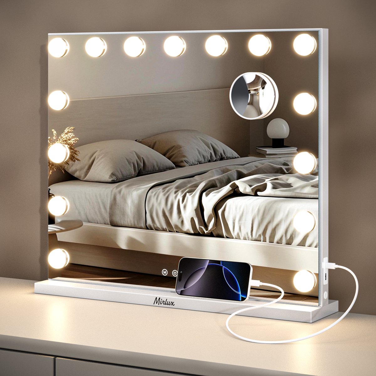 Mirlux Hollywood Make Up Spiegel - Led Verlichting - 10x Zoom - Ophangbaar - Wit - 58x48cm