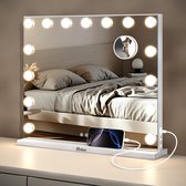 Mirlux Hollywood Spiegel 58x48CM - USB & USB-C oplaadpoort - 10x Zoom - 3 Dimbare lichtstanden - Make Up Spiegel - LED Verlichting - Ophangbaar - Wit