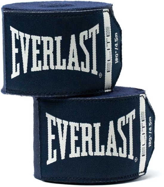Twee gestapelde donkerblauwe Everlast Elite handschoenen, 180"/4.5m, met wit logo.