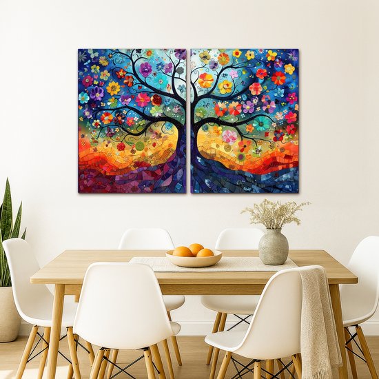 Ensemble de peintures sur toile 120x80 cm - Décoration murale diptyque - Coloré - Arbre de vie - Fleurs - Abstrait - Décoration murale salon - Décoration chambre - Accessoires chambre - Peintures sur toile