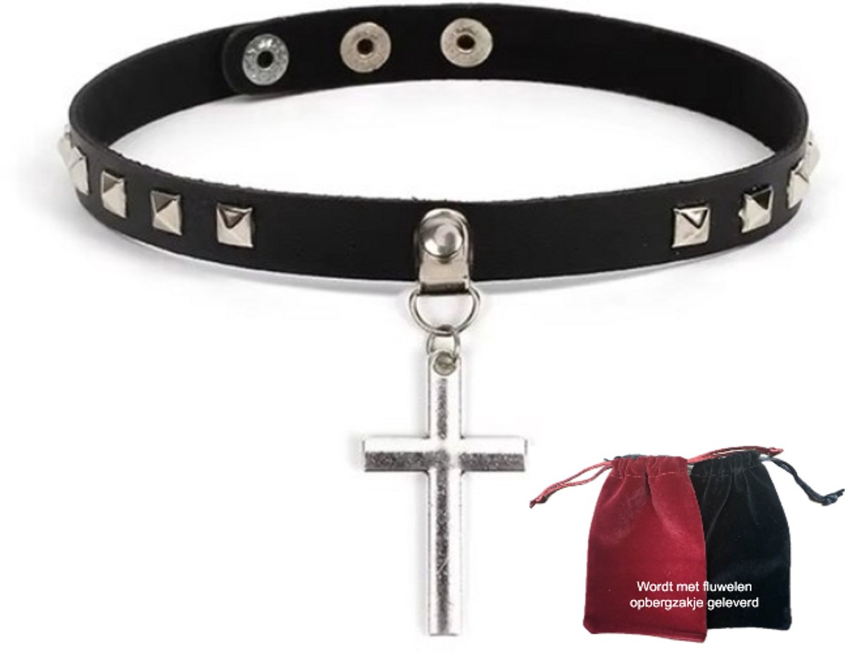 Choker met kruis – Gothic PU-leer Halsketting – Verstelbaar – Geschikt voor 40 cm hals