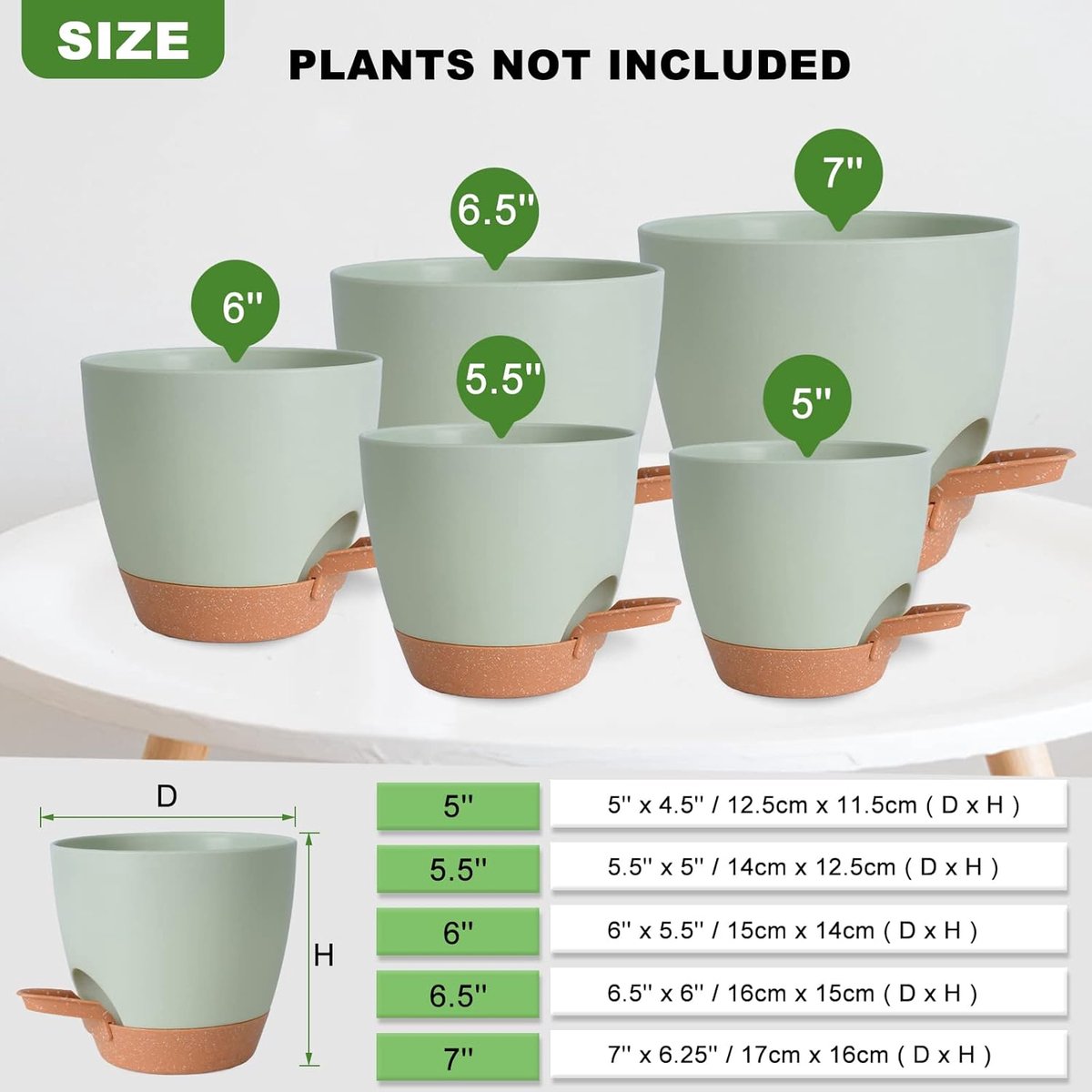 Bloempotten voor binnen, 7/6,5/6/5,5/5 inch, zelfwaterende plantenbakken met drainagegat, plastic bloempotten voor vetplanten, Afrikaans viooltje (groen) — cadeau in Wonen & Interieur - foto 2