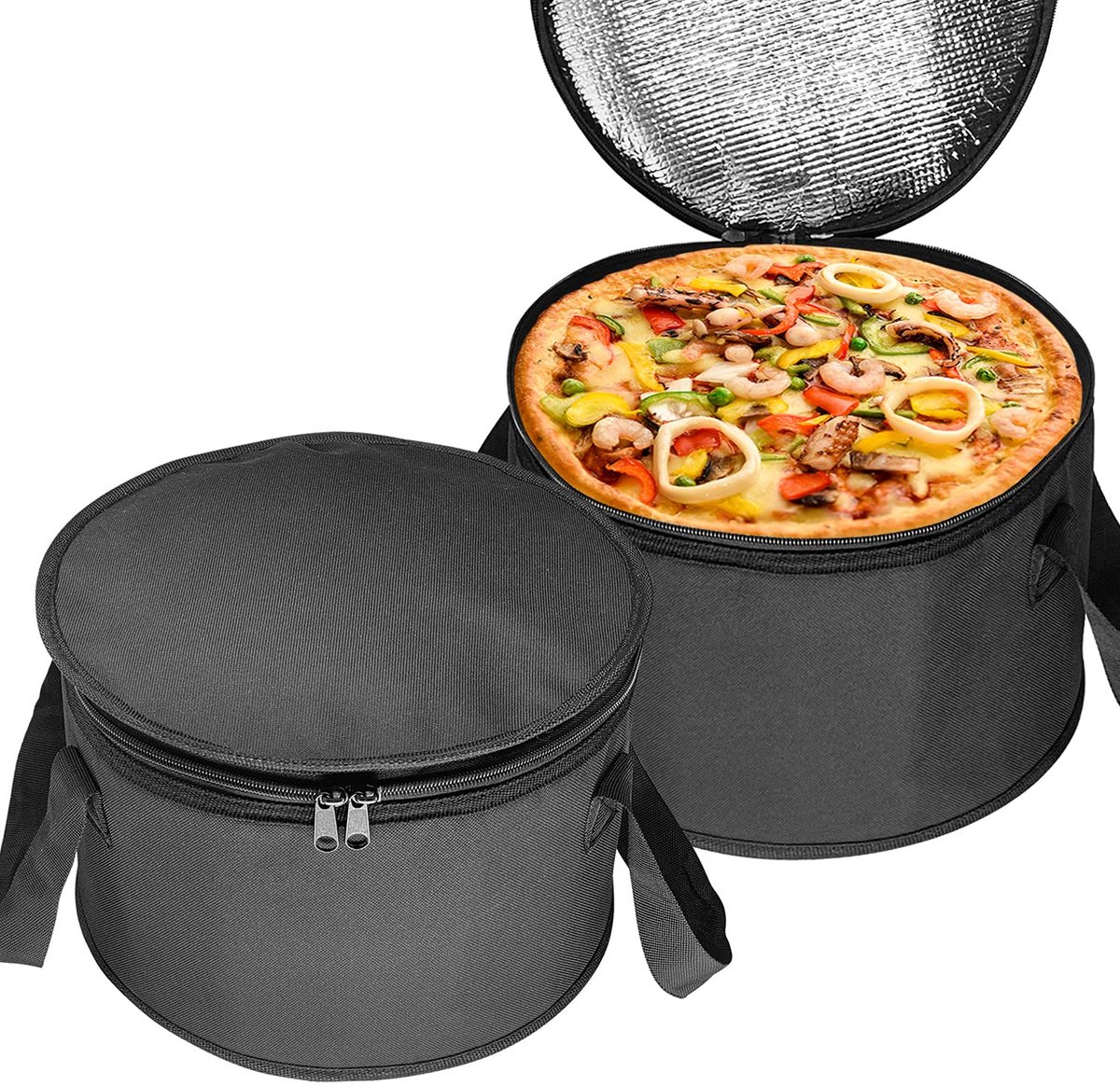 Set van 2 Ronde Isotherme Herbruikbare Lunchcontainers en Draagtassen - Voor Gedeelde Maaltijden en Ovenschotels - Zwart - 31,5 x 20,8 cm