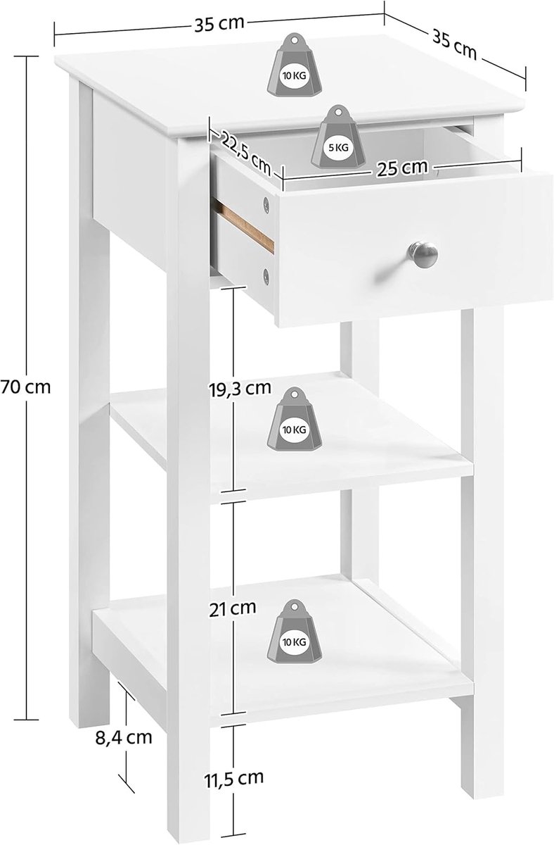 slaap kamer kast-nachtkastje - met planken - 2 planken - nachtkastjes set van 2 - wit - 35D-35B-70H