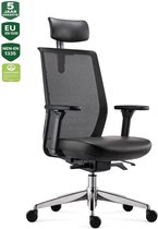 BENS 837HExe-Synchro-4 Zwart - Ergonomische Bureaustoel incl. Lederen Hoofdsteun - Zwevende Zitting en Mesh Rugleuning - Gepolijst Aluminium Voetenkruis - Ergo Mechaniek - GREENGUARD GOLD - Voldoet aan NEN-EN1335 & ARBO normen
