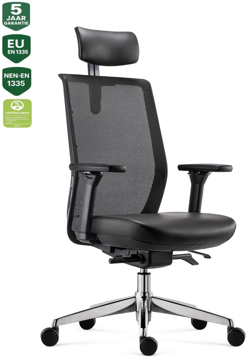 BENS 837HExe-Synchro-4 Zwart - Ergonomische Bureaustoel - Bureaustoel voor volwassenen - Kantoorstoel - Lederen Hoofdsteun - Lederen zitting en Mesh Rugleuning- GREENGUARD GOLD - NEN-EN1335 & ARBO normen