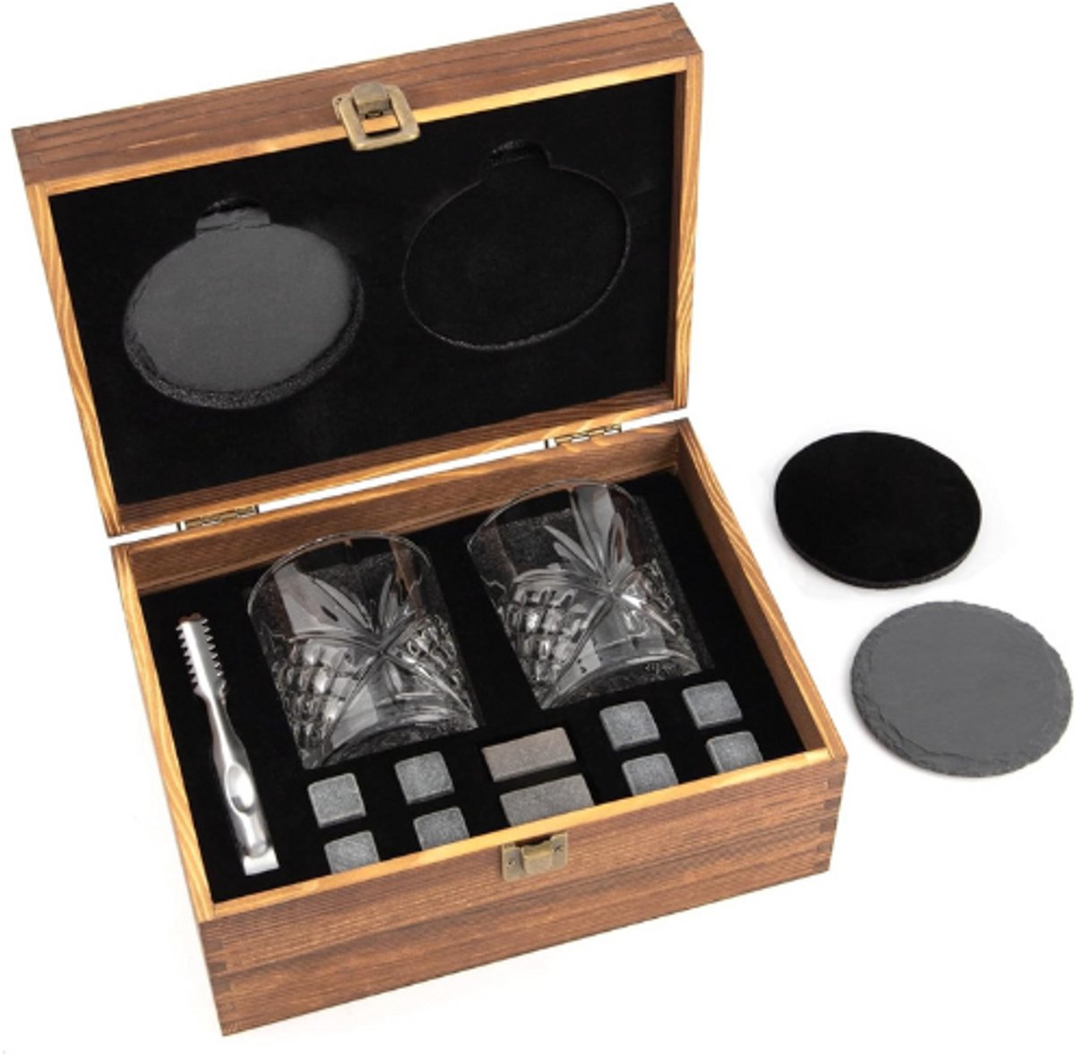 Set Van 8 Whisky Steentjes Met 2 Schalen 2 Kristallen Glazen En RVS Tang - Natuurlijke Basalt Kubussen - Herbruikbare Koelstenen - Perfect Cadeau Voor Mannen En Vrouwen