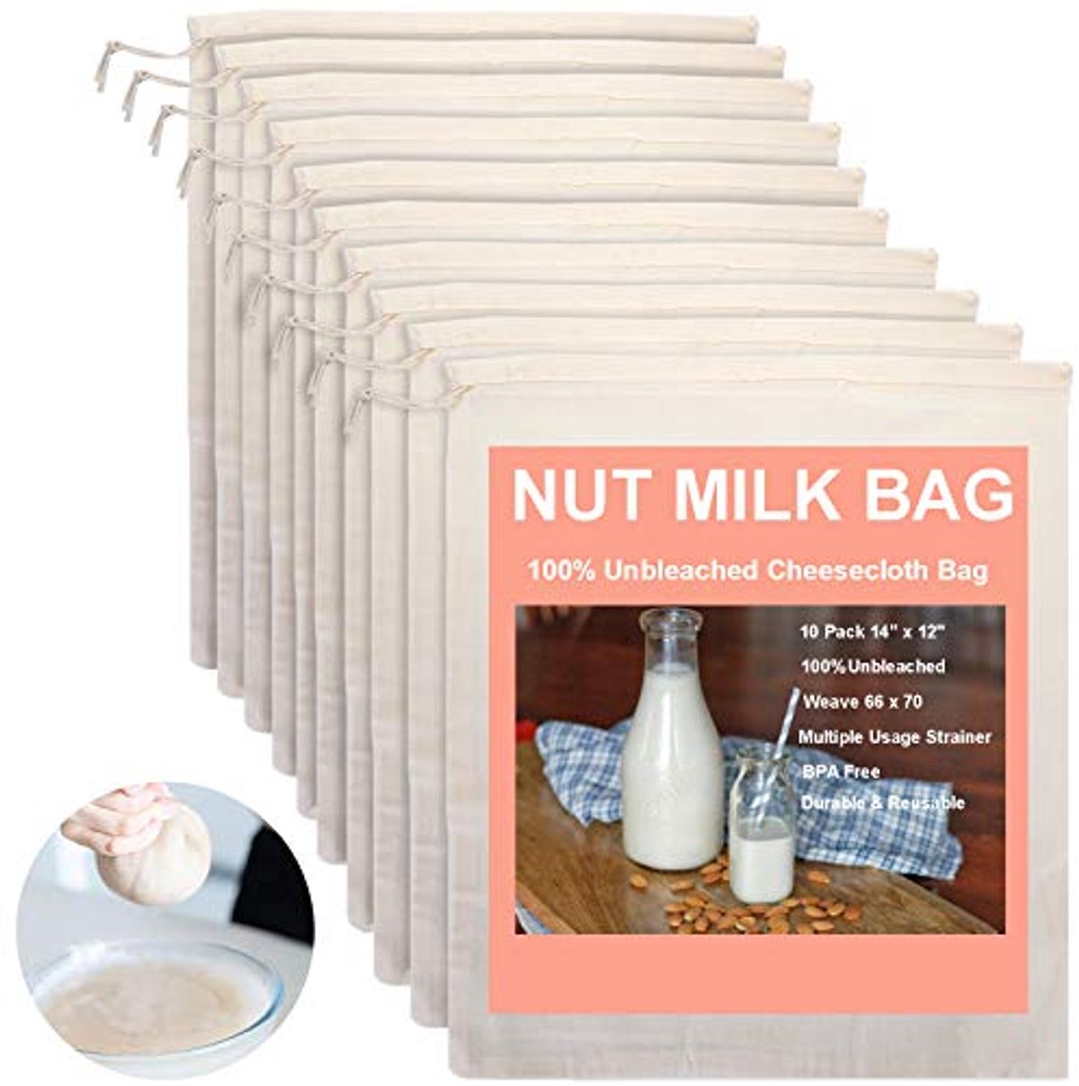 Image of 10-pack notenmelkzak | 14"x12" herbruikbare kaasdoek zakken voor soja, amandel, havermelk