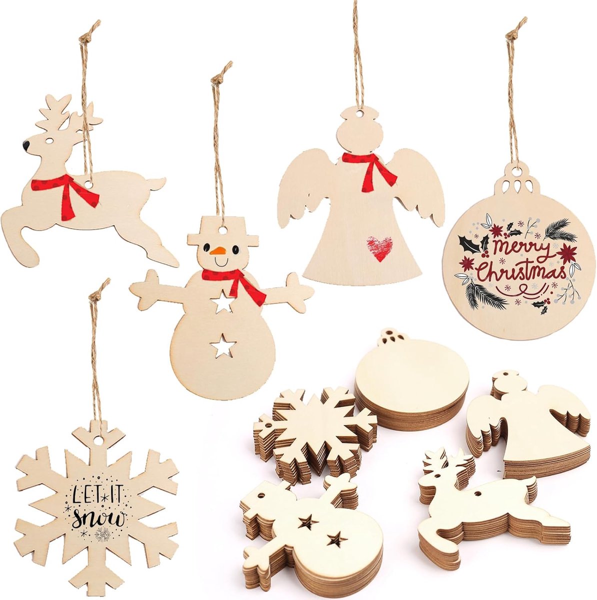 Sander Shop Houten kersthangers, 50 stuks, houten hangers, kerstboom, houten hangers, kersthanger, hout, voor kerstboom, doe-het-zelf hanger, decoratie