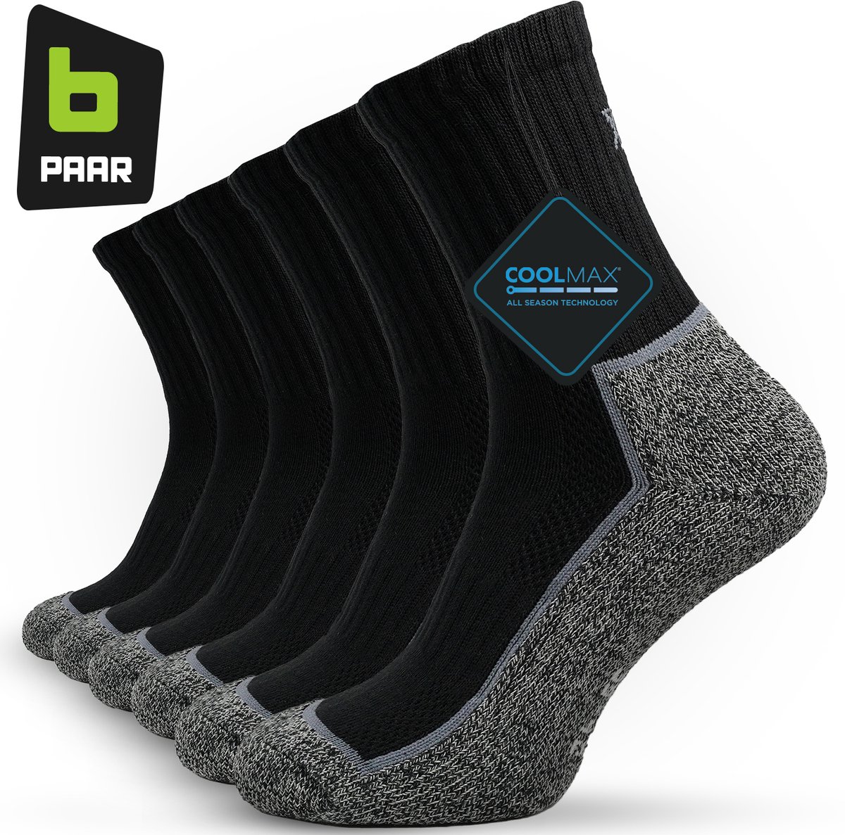 Outdoor- en Wandelsokken Coolmax Heren – 6-paar – Vermindert zweetvoeten Goede ondersteuning Comfortabele pasvorm Anti-afzak band Verstevigde Teen & Hiel Zwart