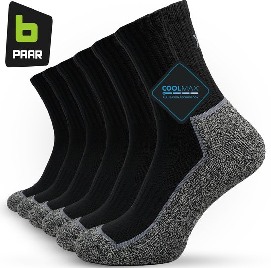 Outdoor- en Wandelsokken Coolmax Heren - Maat 39-42 - 6-paar - Zwart - Vermindert zweetvoeten - Goede ondersteuning - Comfortabele pasvorm - Anti-afzak band - Verstevigde Teen & Hiel