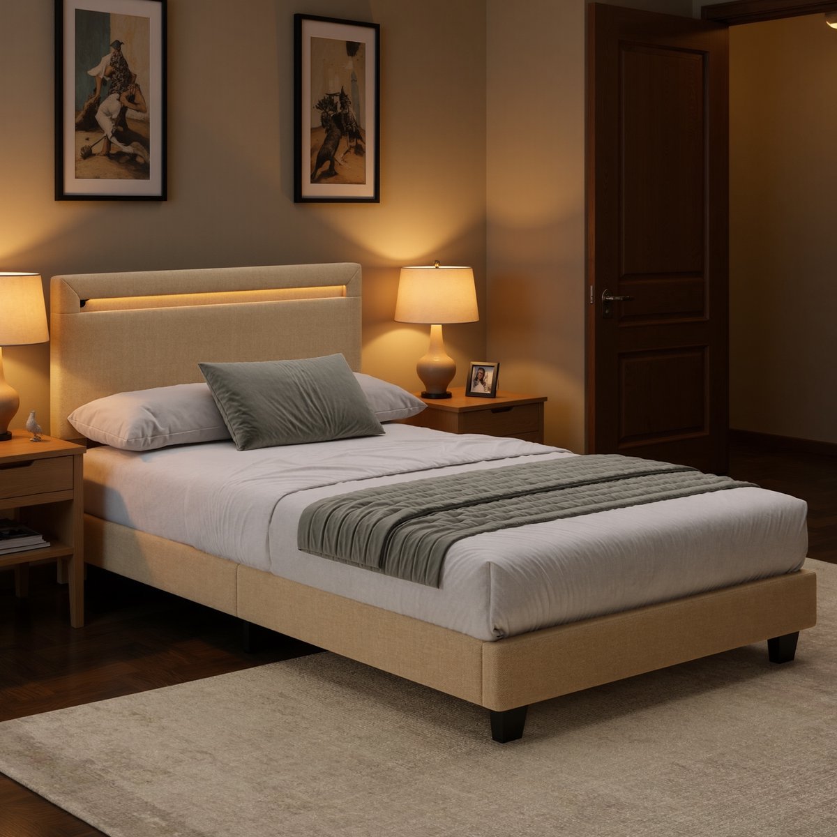 Xbro Gestoffeerd Bed 90 x 200 cm – met Bedhoofdbord LED-Verlichting – Eenpersoonsbed met Hoofdbord en Lattenbodem – Beige — cadeau in Cadeau-ideeën - foto 3