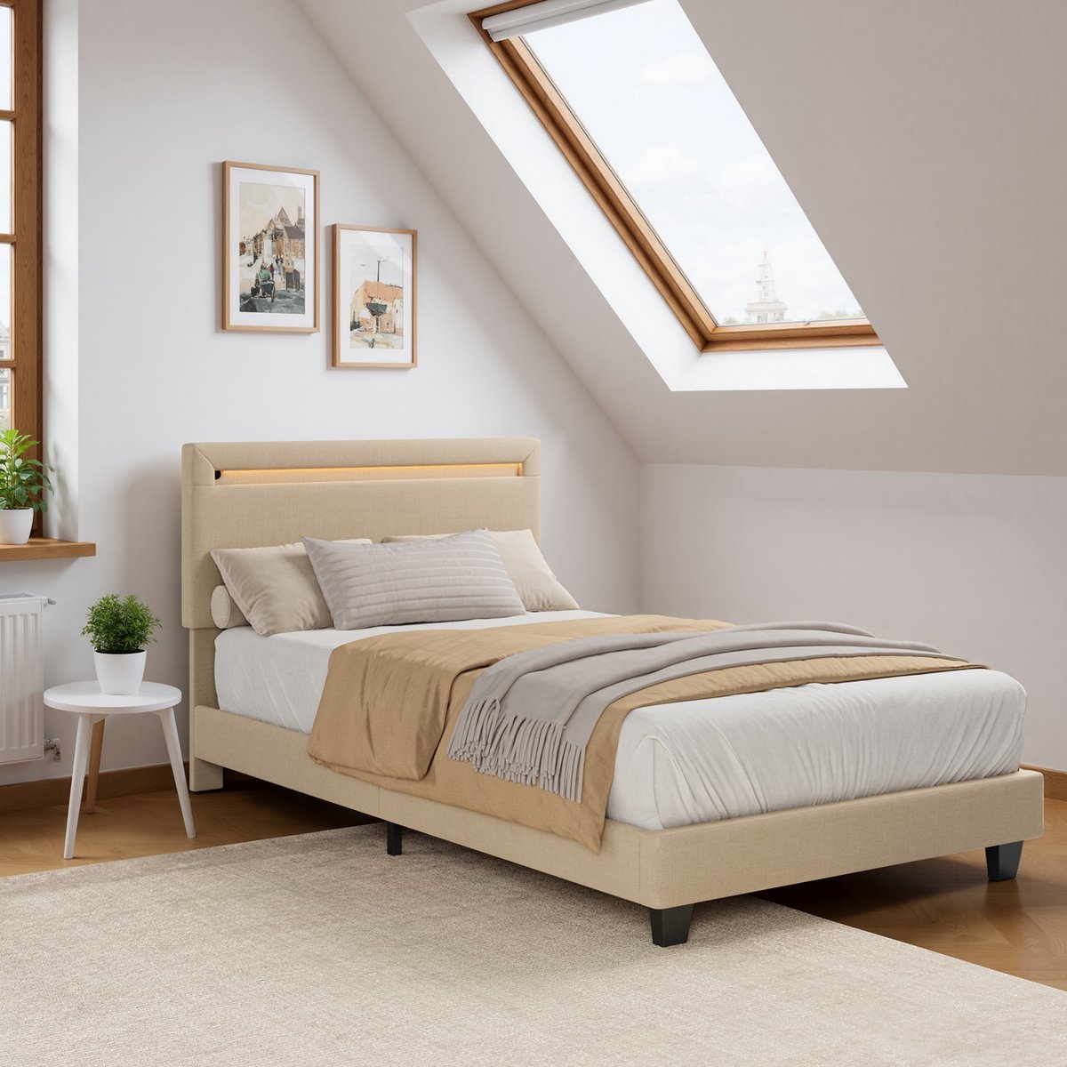 Xbro Gestoffeerd Bed 90 x 200 cm – met Bedhoofdbord LED-Verlichting – Eenpersoonsbed met Hoofdbord en Lattenbodem – Beige — cadeau in Cadeau-ideeën - foto 4