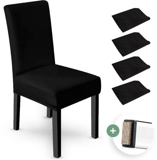 NOVOB® Stoelhoes Zwart (4 Stuks + Viltjes) - Hoes voor Eetkamerstoelen - Zetelhoes - Stoelovertrekken - Stretch | Universeel