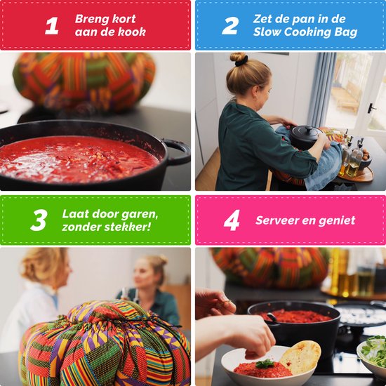 Vier stappen voor het gebruik van een slow cooking bag met Afrikaanse print: koken, pan erin, laten garen, serveren.