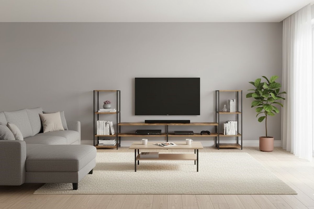 Luxe TV-Meubel Fyrk XL – 226 cm Breed – Eiken Rustiek/Zwart – Industrieel Wandmeubel met 9 Open Vakken – Groot TV Dressoir / Mediakast voor Woonkamer