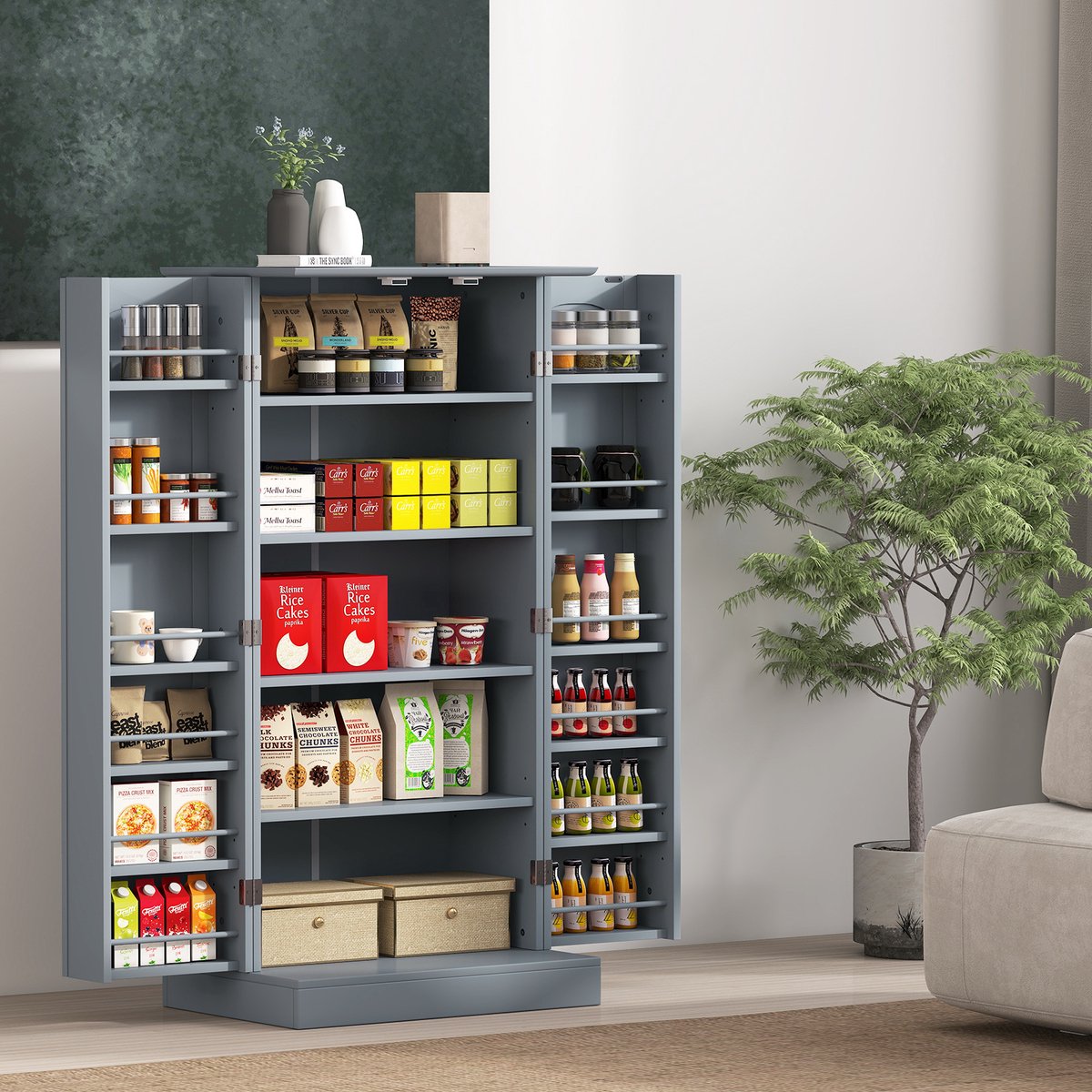 COSTWAY Keukenkast, opbergkast, opbergkast met 2 deuren en 6 verstelbare planken, multifunctionele kast voor keuken, woonkamer, eetkamer, 60 x 40 x 120 cm (grijs) — cadeau in Cadeau-ideeën - foto 3