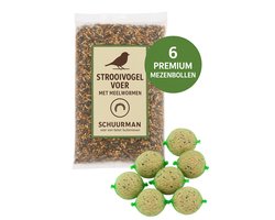 Strooivoer voor Buitenvogels met Meelwormen 4 kg – Inclusief 6 Gratis Premium Mezenbollen – Schuurman Vogelvoer – Hoogwaardig Vogelzaad voor Jaarrond Voeren