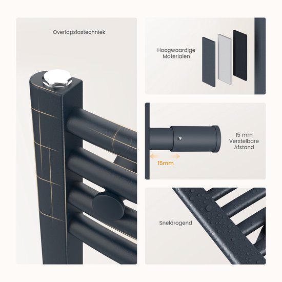 Donkergrijze handdoekradiator met overlappende lastechniek en 15mm verstelbare afstand.