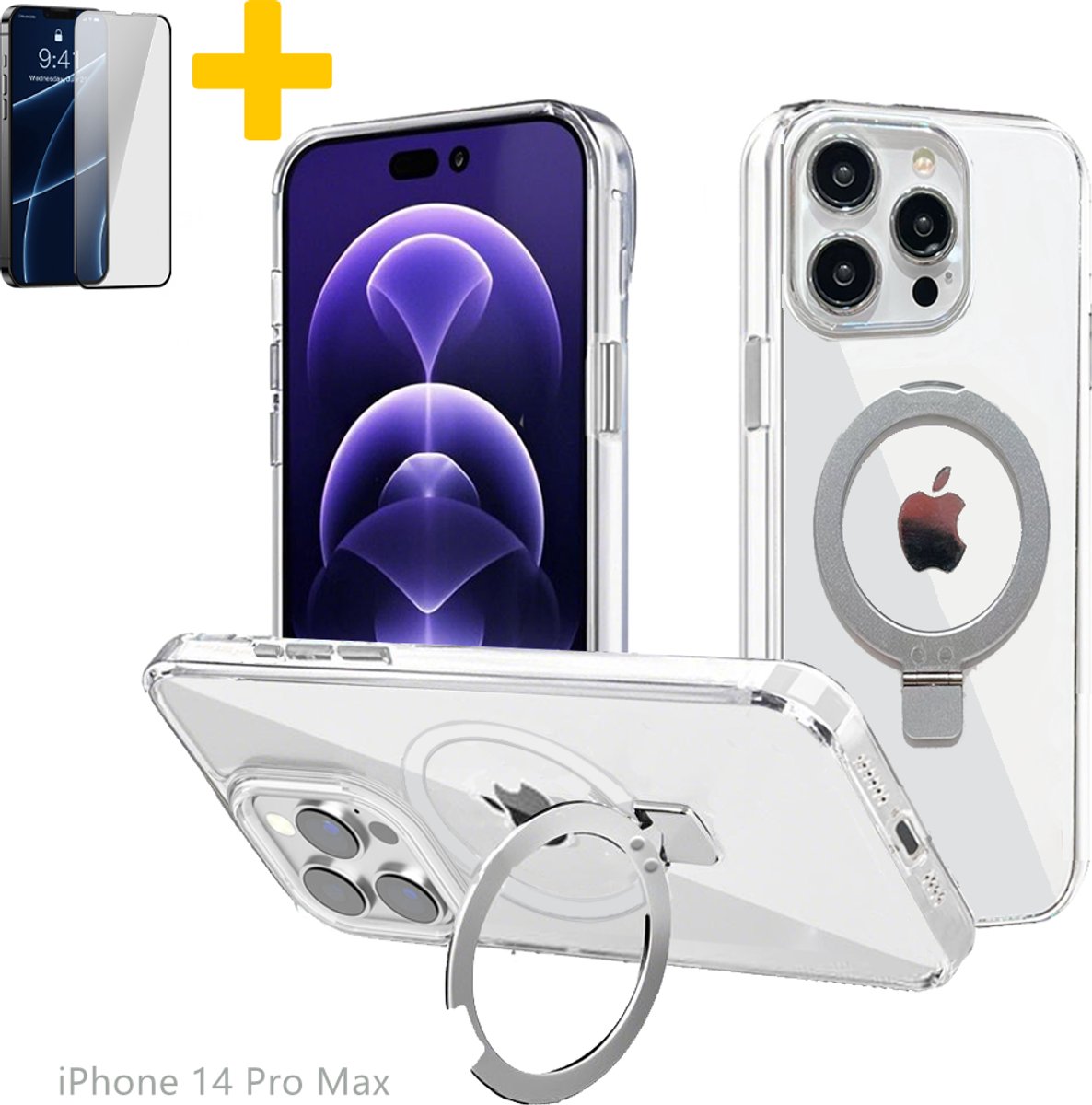 Hoesje voor iPhone 14 Pro Max, Compatibel met MagSafe, Magnetische Case met 360° Draaibare Standaard, Anti-Verkleuring Hoes, PC Lichtgewicht-Zilver - Screenprotector