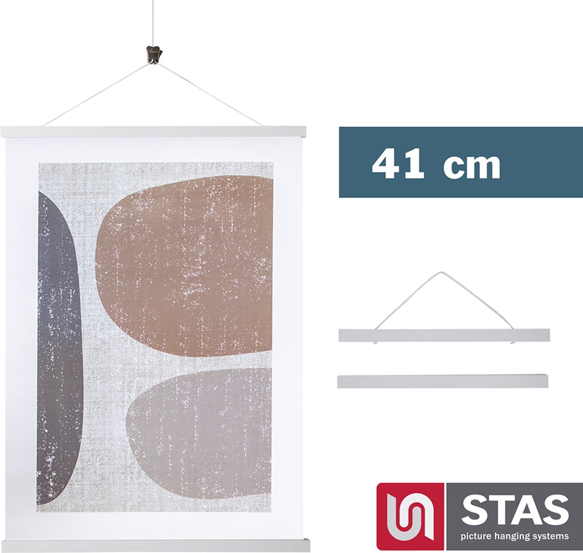 STAS picture hanging systems STAS Posterhanger 41 cm - Hout - Wit - Magnetisch poster ophangsysteem - Posterlijst - Posterklem - Posterhouder