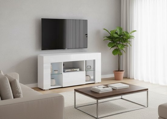 Luxe TV-Meubel Denver – Wit Hoogglans TV Kast met Glasplanken – Moderne Lowboard 100 cm – Opbergkast voor Woonkamer & Media – Kabelbeheer & Soft-Close Deuren