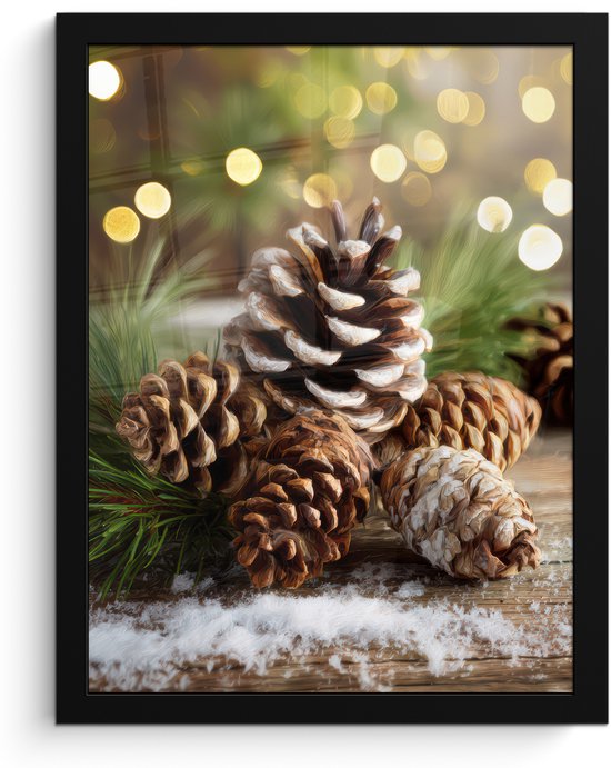 Poster in lijst - Fotolijst 30x40 cm - Posters - Dennenappels - Kerstsfeer - Bruin - Groen - Posterlijst zwart - Decoratie - Wanddecoratie woonkamer - Muurdecoratie slaapkamer - Kerstversiering - Kerstdecoratie voor binnen - Kerstmis