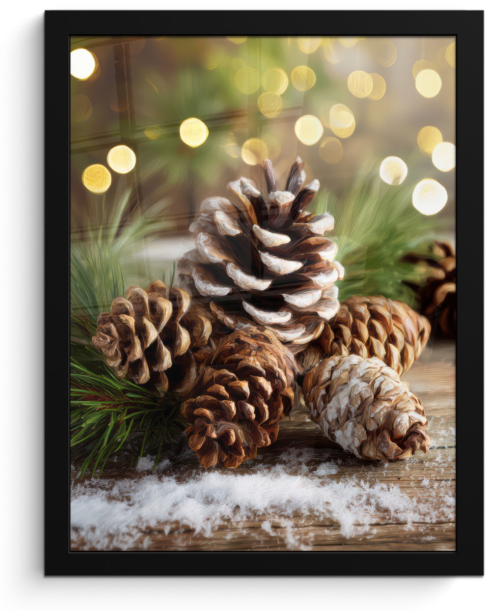 FrameYourWall Poster in lijst - Fotolijst 30x40 cm - Posters - Dennenappels - Kerstsfeer - Bruin - Groen - Posterlijst zwart - Decoratie - Wanddecoratie woonkamer - Muurdecoratie slaapkamer - Kerstversiering - Kerstdecoratie voor binnen - Kerstmis