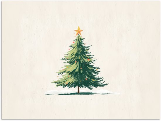 Poster 80x60 cm - Kerstboom - Illustratie - Ster - Sneeuw - Posters - Kamer decoratie - Wanddecoratie woonkamer - Muurdecoratie slaapkamer - Kerstversiering - Kerstdecoratie voor binnen - Kerstmis