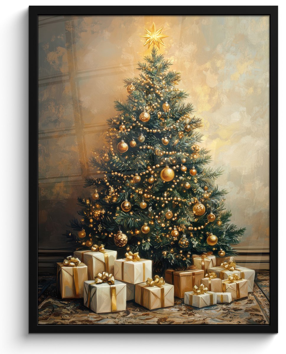 FrameYourWall Poster in lijst - Fotolijst 60x80 cm - Posters - Kerstboom - Cadeaus - Goud - Posterlijst zwart - Decoratie - Wanddecoratie woonkamer - Muurdecoratie slaapkamer - Kerstversiering - Kerstdecoratie voor binnen - Kerstmis
