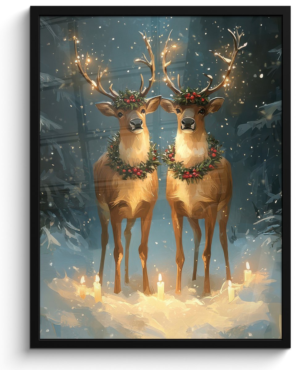 FrameYourWall Poster in lijst - Fotolijst 60x80 cm - Posters - Dennensprookje - Rendier - Nacht - Posterlijst zwart - Decoratie - Wanddecoratie woonkamer - Muurdecoratie slaapkamer