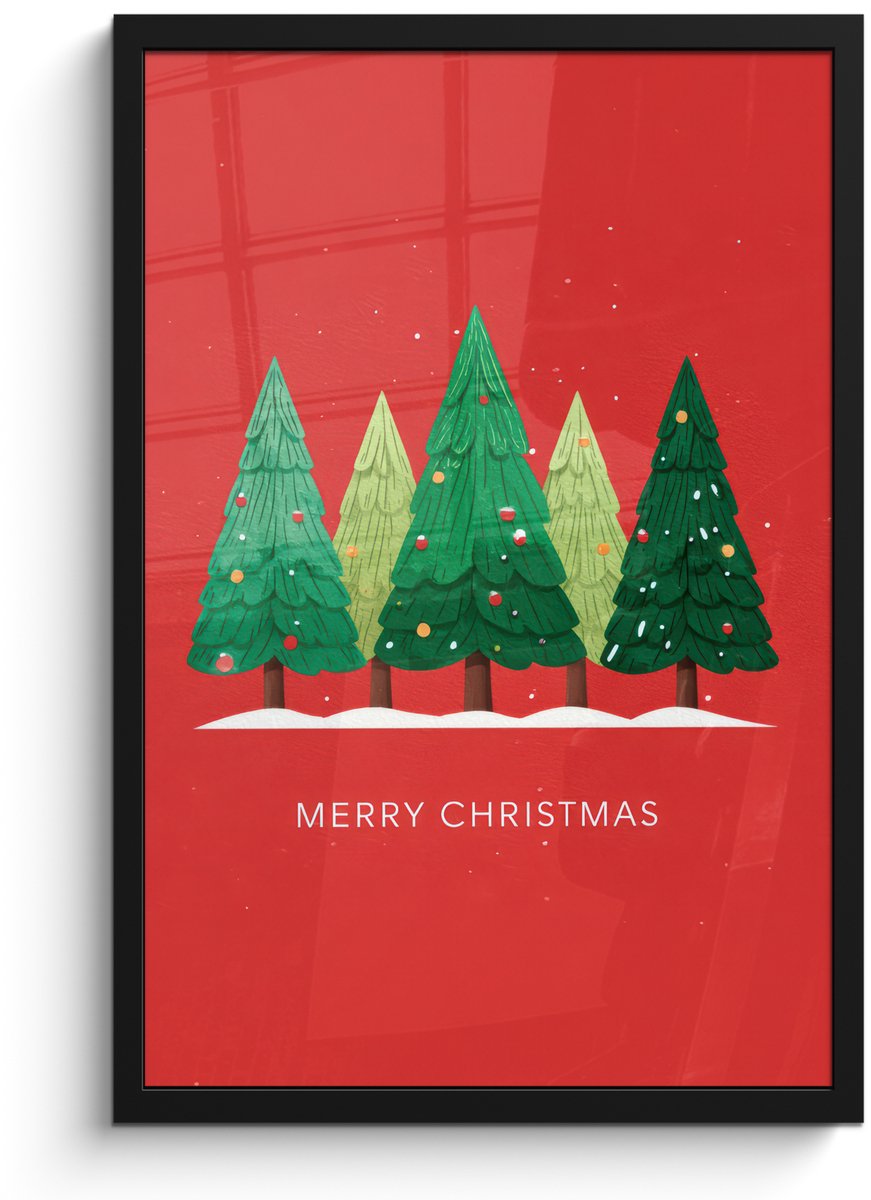 FrameYourWall Poster in lijst - Fotolijst 40x60 cm - Posters - Minimalistisch - Kerstbomen - Rood - Sneeuw - Posterlijst zwart - Decoratie - Wanddecoratie woonkamer - Muurdecoratie slaapkamer - Kerstversiering - Kerstdecoratie voor binnen - Kerstmis
