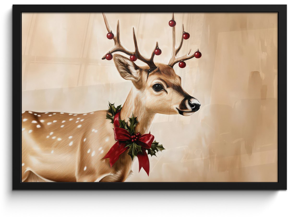 FrameYourWall Poster in lijst - Fotolijst 60x40 cm - Posters - Gewei - Kerst - Rendier - Rood - Posterlijst zwart - Decoratie - Wanddecoratie woonkamer - Muurdecoratie slaapkamer - Kerstversiering - Kerstdecoratie voor binnen - Kerstmis