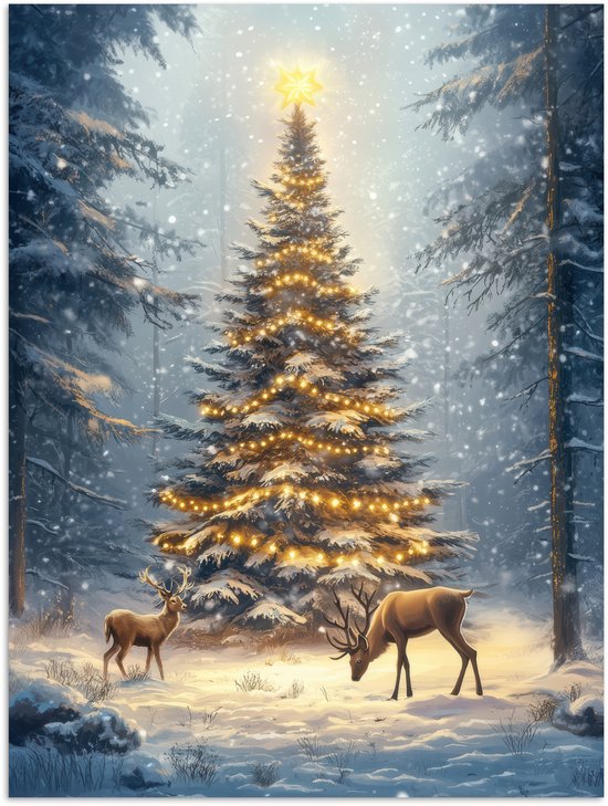 Poster 90x120 cm - Kerstlicht - Woud - Hert - Donker - Posters - Kamer decoratie - Wanddecoratie woonkamer - Muurdecoratie slaapkamer - Kerstversiering - Kerstdecoratie voor binnen - Kerstmis