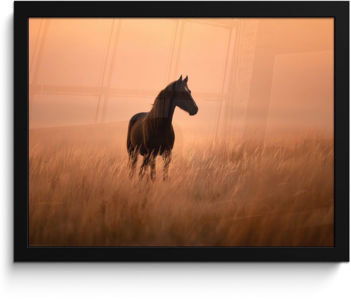 FrameYourWall Poster in lijst - Fotolijst 40x30 cm - Posters - Paard - Grasveld - Zonsondergang - Posterlijst zwart - Decoratie - Wanddecoratie woonkamer - Muurdecoratie slaapkamer