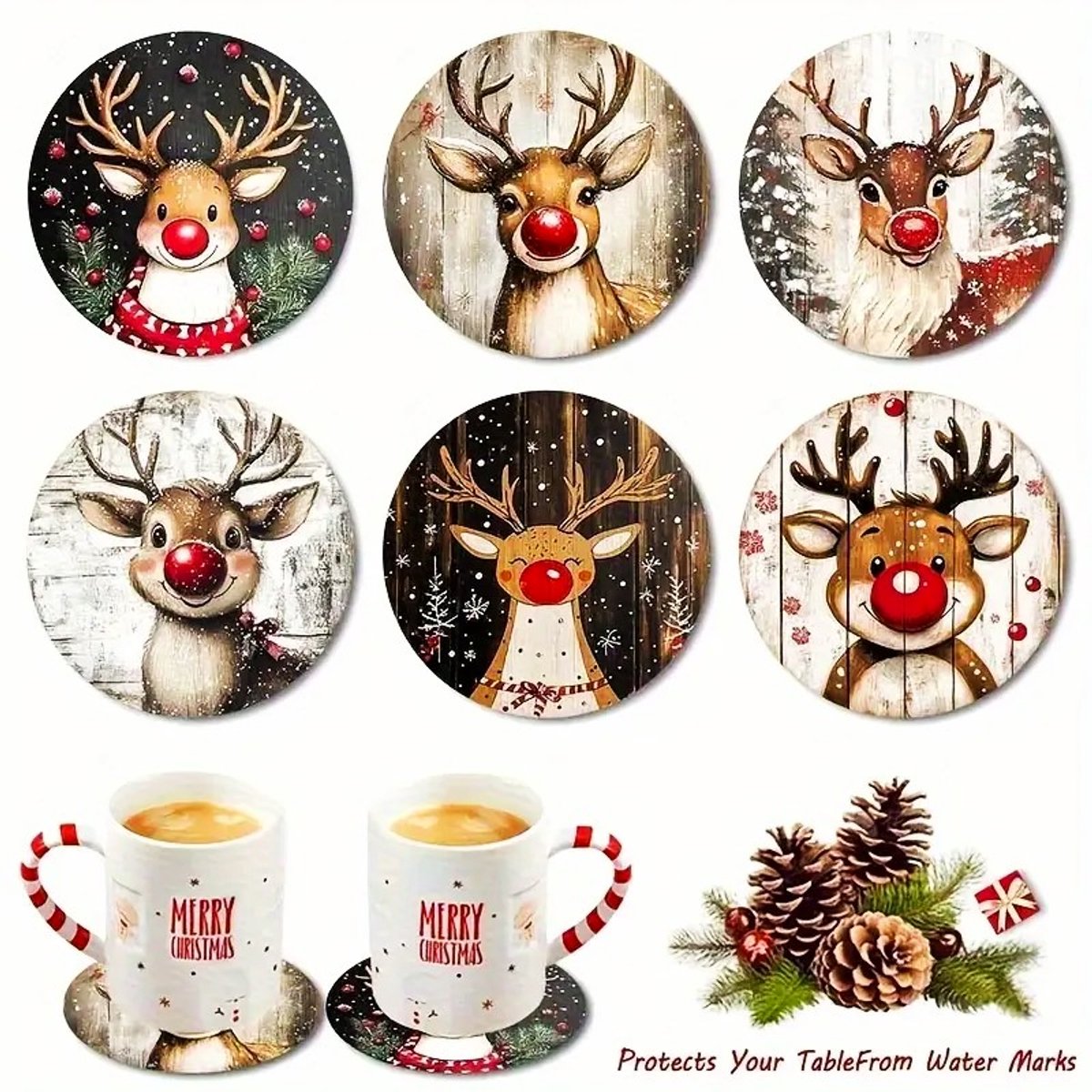 Set van 6 houten kerst onderzetters met rendieren "Rudolph the red nosed reindeer", sneeuw / kerstboom en kerstballen (kerstdecoratie, glas onderzetter, bierviltje, cadeau idee voor Kerstmis) — cadeau in Wonen & Interieur - foto 2