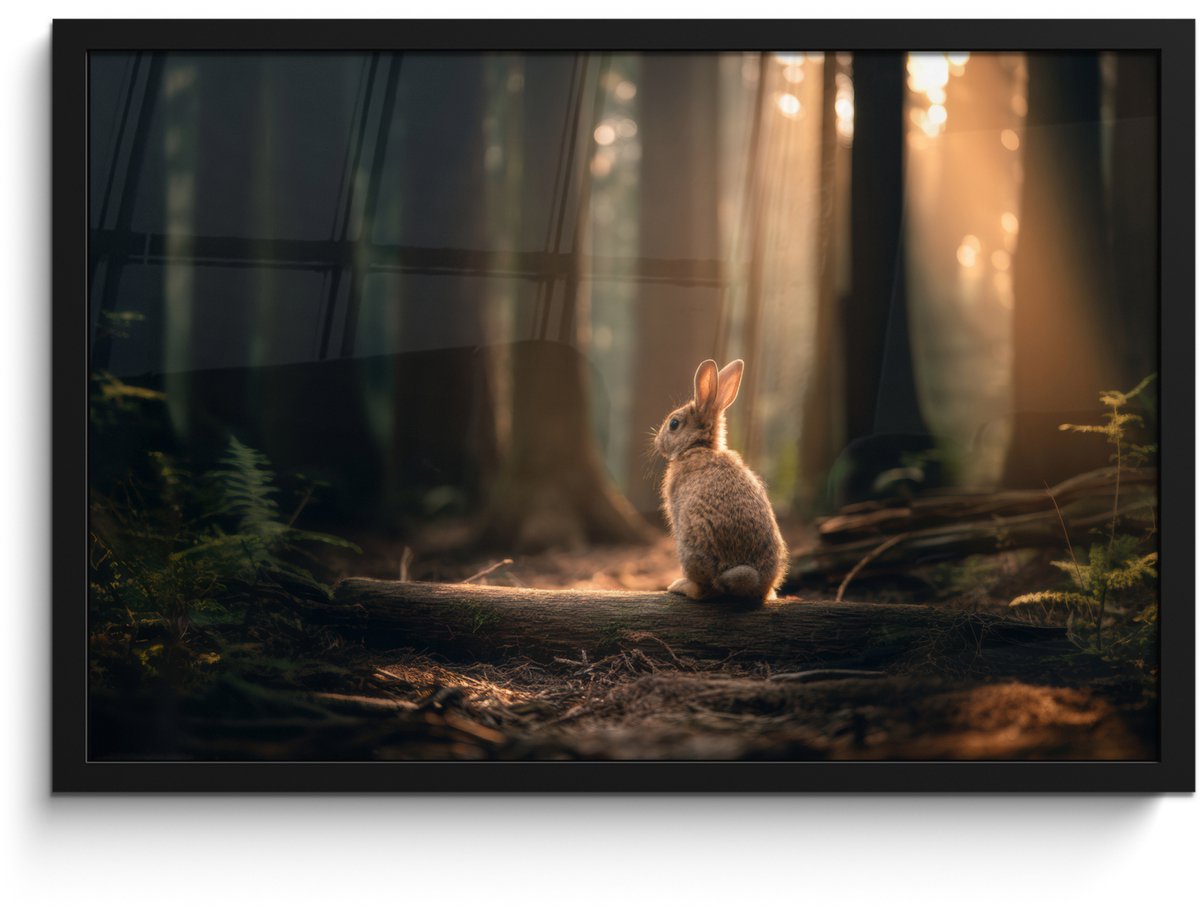 FrameYourWall Poster in lijst - Fotolijst 60x40 cm - Posters - Konijn - Bos - Zonnestralen - Posterlijst zwart - Decoratie - Wanddecoratie woonkamer - Muurdecoratie slaapkamer
