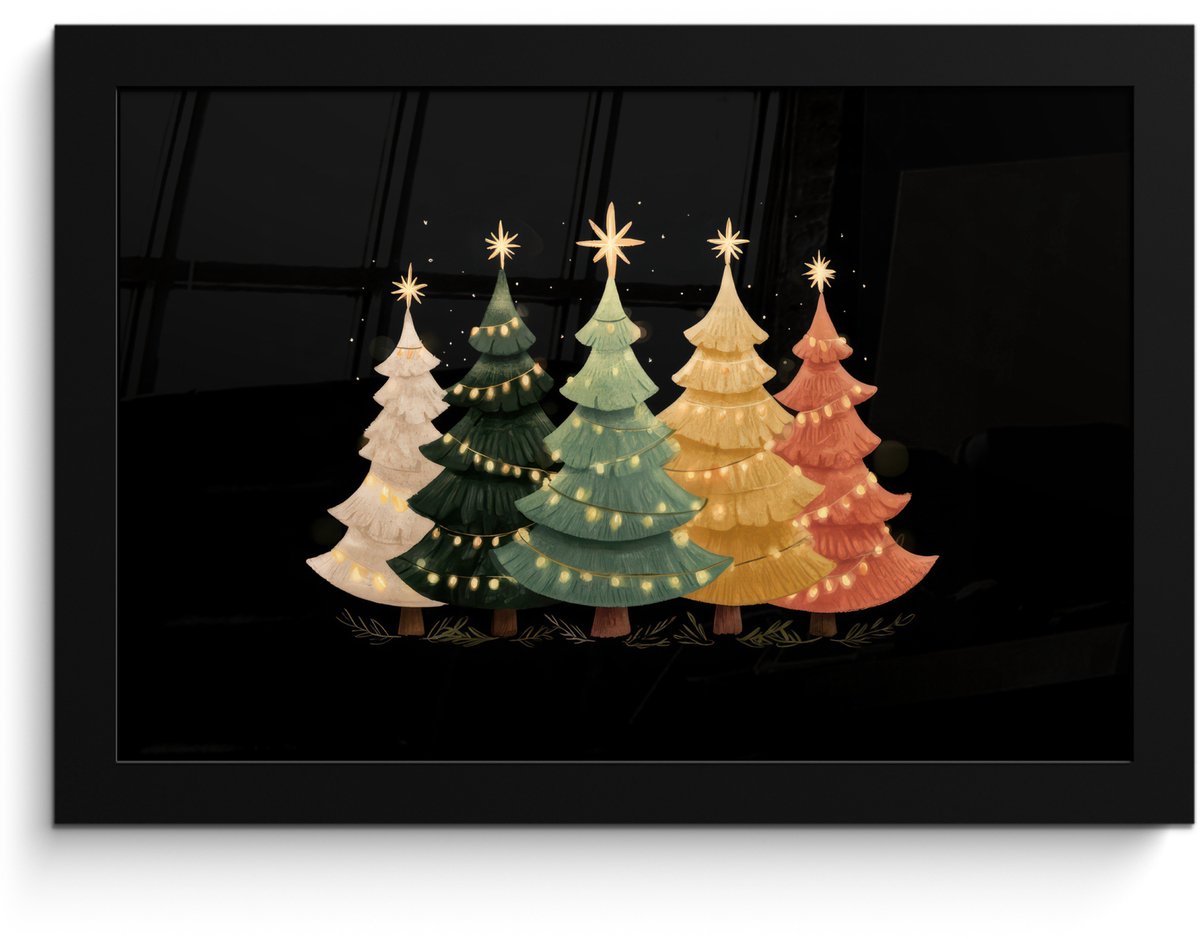 FrameYourWall Poster in lijst - Fotolijst 30x20 cm - Posters - Kerstbomen - Kleurrijk - Lichtjes - Ster - Posterlijst zwart - Decoratie - Wanddecoratie woonkamer - Muurdecoratie slaapkamer - Kerstversiering - Kerstdecoratie voor binnen - Kerstmis