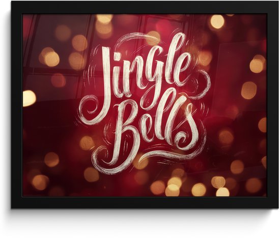 Poster in lijst - Fotolijst 40x30 cm - Posters - Jingle - Bells - Kerst - Rood - Posterlijst zwart - Decoratie - Wanddecoratie woonkamer - Muurdecoratie slaapkamer - Kerstversiering - Kerstdecoratie voor binnen - Kerstmis