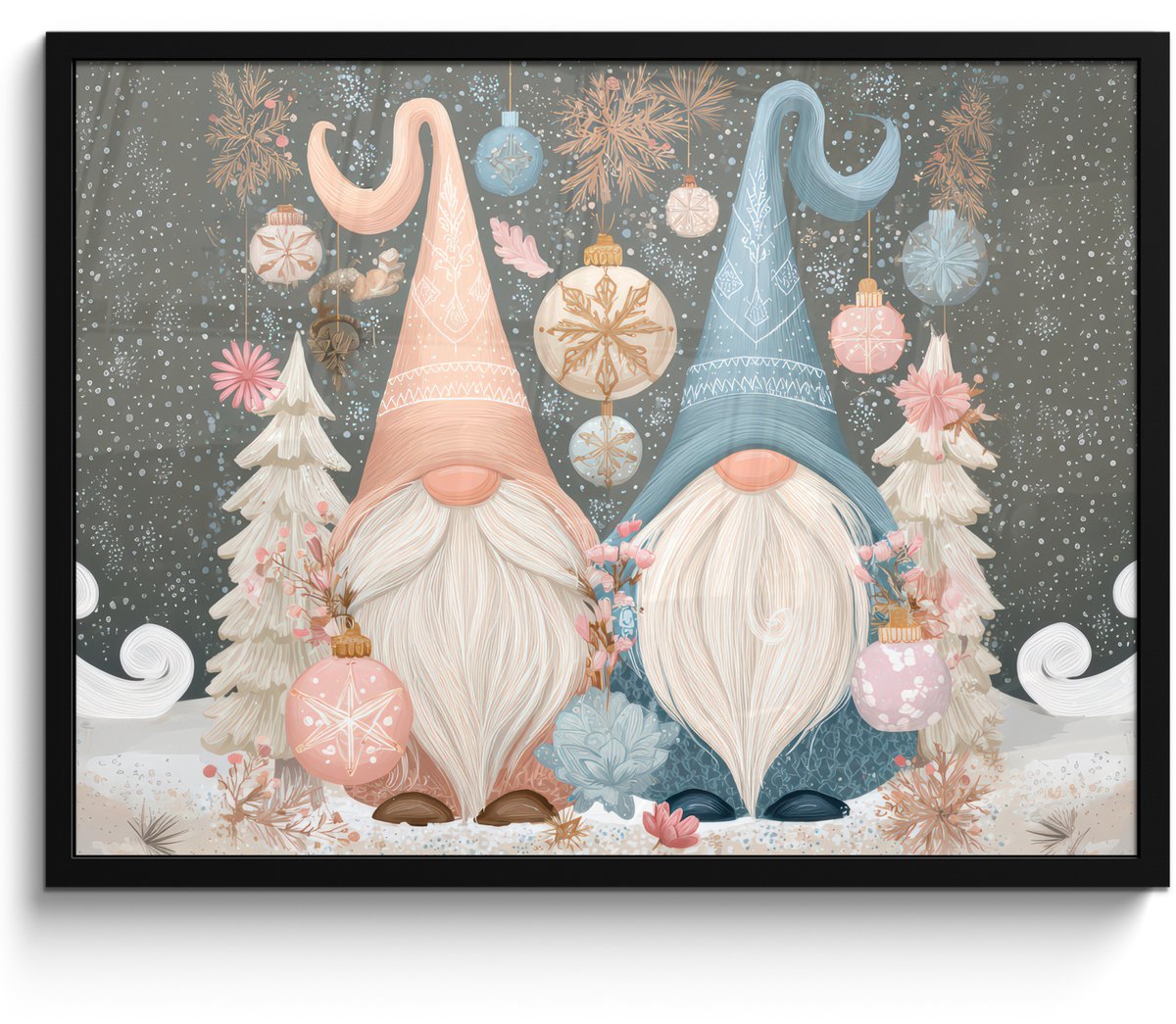 FrameYourWall Poster in lijst - Fotolijst 80x60 cm - Posters - Kerst - Gnomen - Pastel - Posterlijst zwart - Decoratie - Wanddecoratie woonkamer - Muurdecoratie slaapkamer - Kerstversiering - Kerstdecoratie voor binnen - Kerstmis