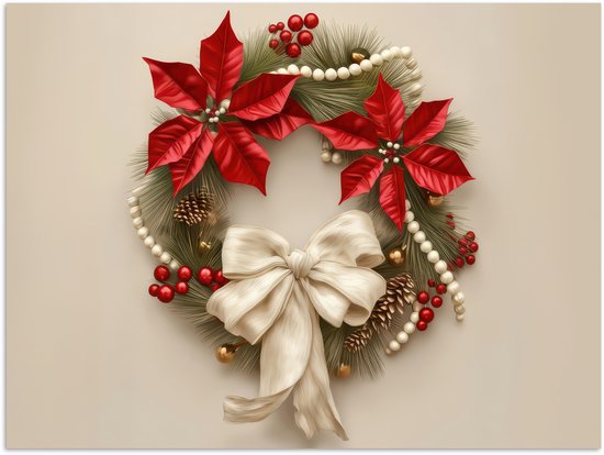 Poster 120x90 cm - Deurkrans - Strik - Kerst - Rood - Groen - Posters - Kamer decoratie - Wanddecoratie woonkamer - Muurdecoratie slaapkamer - Kerstversiering - Kerstdecoratie voor binnen - Kerstmis