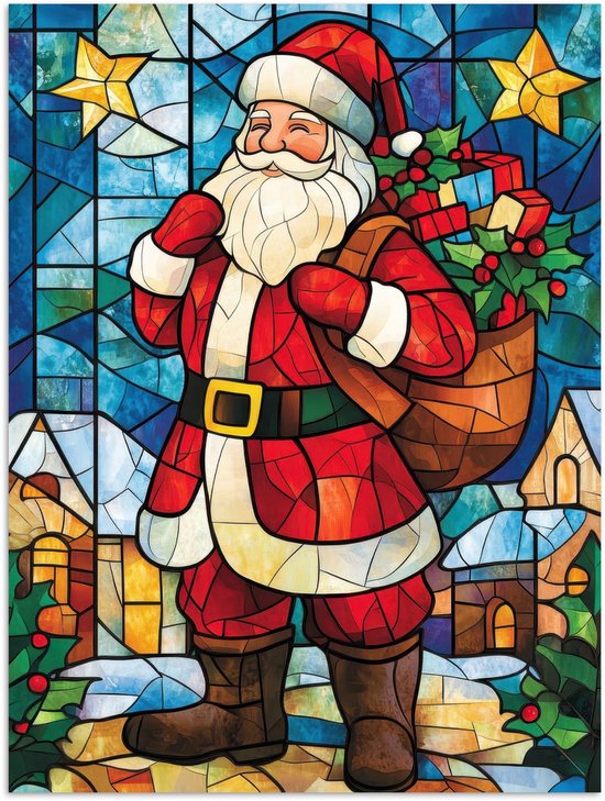 Poster 60x80 cm - Kerstman - Glas - Kleurrijk - Posters - Kamer decoratie - Wanddecoratie woonkamer - Muurdecoratie slaapkamer - Kerstversiering - Kerstdecoratie voor binnen - Kerstmis
