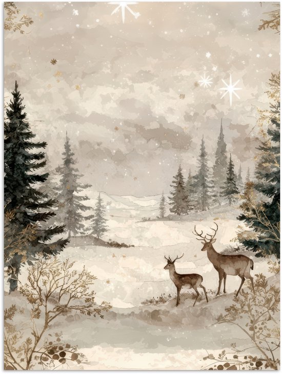 Poster 60x80 cm - Bos - Herten - Winter - Sneeuw - Posters - Kamer decoratie - Wanddecoratie woonkamer - Muurdecoratie slaapkamer