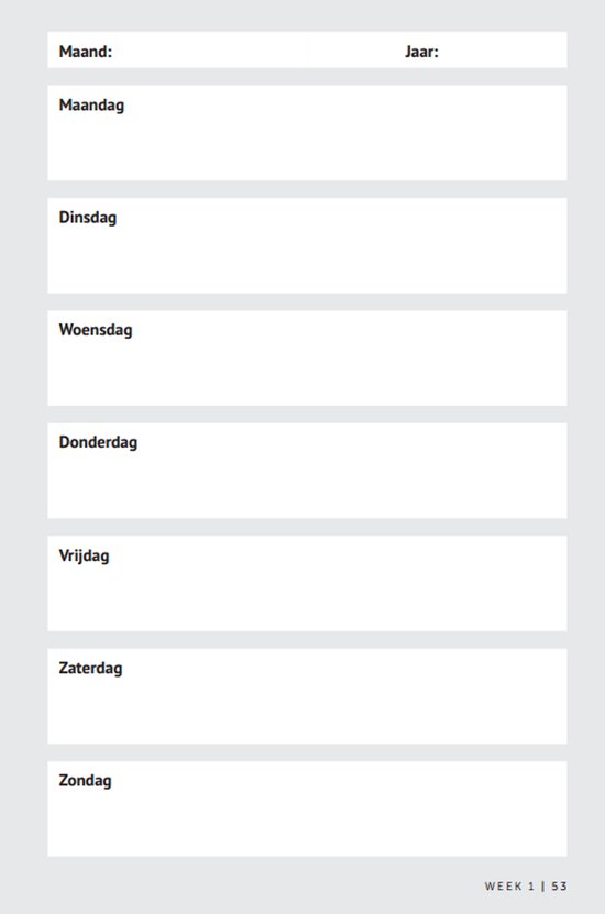 Pagina met invulbare secties voor elke dag van de week, met datumvelden.
