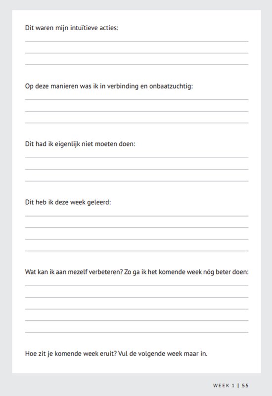 Pagina met reflectievragen over de week, met ruimte voor antwoorden.