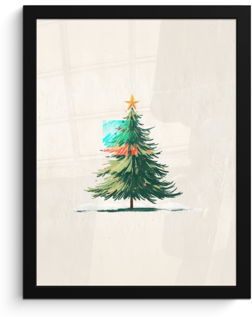 FrameYourWall Poster in lijst - Fotolijst 30x40 cm - Posters - Kerstboom - Illustratie - Ster - Sneeuw - Posterlijst zwart - Decoratie - Wanddecoratie woonkamer - Muurdecoratie slaapkamer - Kerstversiering - Kerstdecoratie voor binnen - Kerstmis