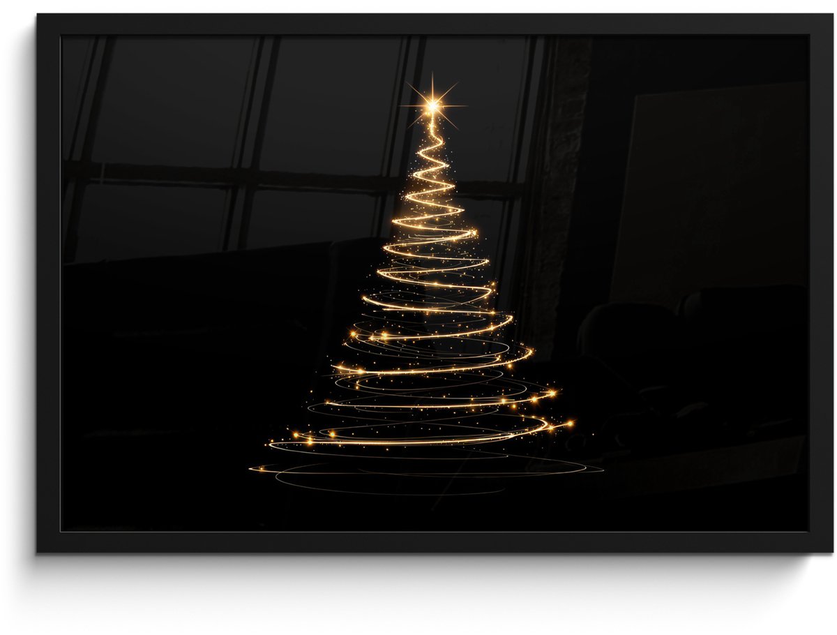 FrameYourWall Poster in lijst - Fotolijst 60x40 cm - Posters - Magisch - Kerstboom - Lichtspiralen - Zwart - Posterlijst zwart - Decoratie - Wanddecoratie woonkamer - Muurdecoratie slaapkamer - Kerstversiering - Kerstdecoratie voor binnen - Kerstmis