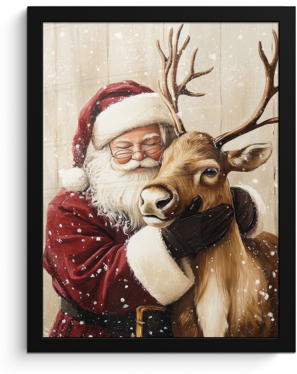 FrameYourWall Poster in lijst - Fotolijst 30x40 cm - Posters - Kerstman - Rendier - Sneeuw - Kleurrijk - Posterlijst zwart - Decoratie - Wanddecoratie woonkamer - Muurdecoratie slaapkamer - Kerstversiering - Kerstdecoratie voor binnen - Kerstmis