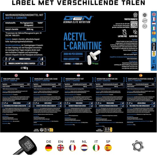 acetyl l carnitine thyroid medications German Elite Nutrition Acetyl L-Carnitine - 3000 mg - 250 Capsules